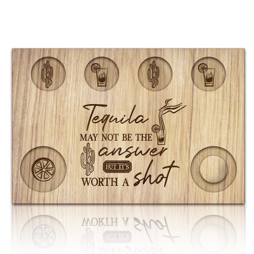 BENECREAT Cactus Tequila Shot Glasses Serving Tray, Wooden Flight Tray Glass Holder with Salt Rim Lemon Shot Glasses Board for Bar, Restaurant, Party, Family Gathering, 20x30cm
