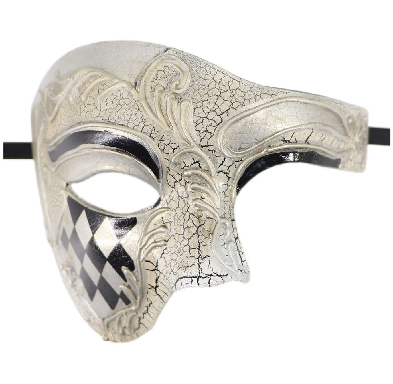 Coolwife Masquerade Mask Vintage Phantom Of The Opera One Eyed Half Face Costume (Checkered Silver)