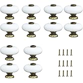 AUXBC 12Pcs 1.3" Ceramic Round Knobs, Antique Brass and Ceramic Cabinet Knobs, White Furniture Knobs, Single Hole Drawer Handle Pulls for Drawer Closet Dresser Cupboard Wardrobe Door Kitchen
