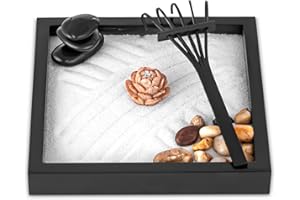 NIUBBI Mini Zen Garden Kit for Desk 6x6 inch with Wooden Lotus Flower, 3 Zen Stones, Pebbles, Home Office Desk Decorations (Wooden Lotus Flower)