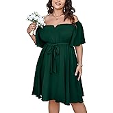 SCOMCHIC Womens Plus Size Cocktail Dress Summer Off Shoulder Short Sleeve Flowy Ruffle A-Line Cute Mini Dress with Belt
