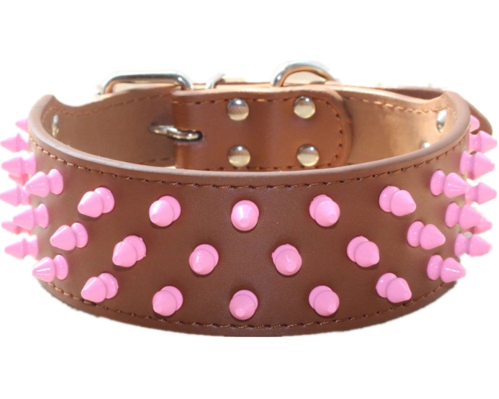 haoyueer 2 inch Wide Leather Dog Collars Cool Pink Spiked Studded Pet Dog Collar for Medium Large Dogs Pit Bull Mastiff Bully Boxer (S, Brown)