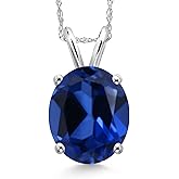 Gem Stone King 14K White Gold Blue Created Sapphire Pendant Necklace for Women | 6.00 Cttw | Gemstone September Birthstone | Oval 12X10MM | With 18 Inch Chain