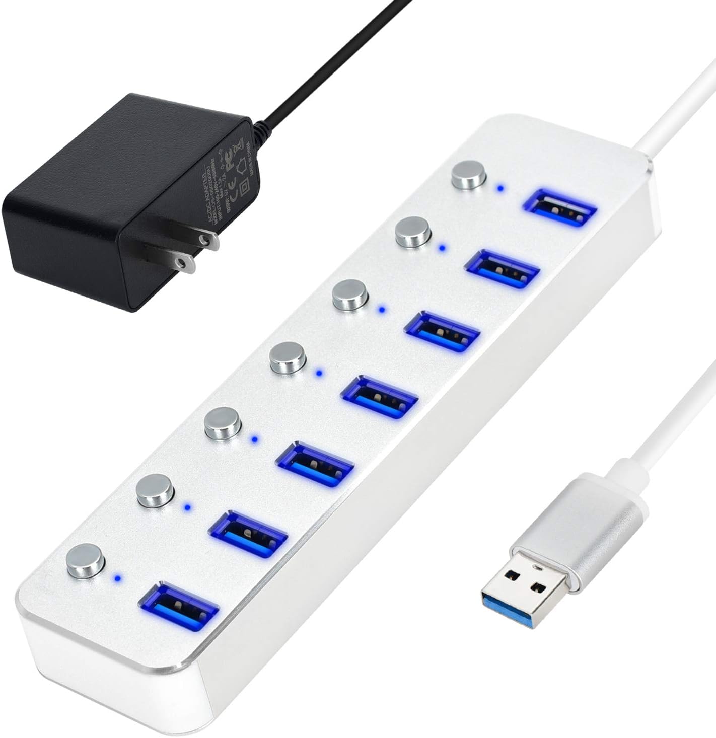 Powered USB 3.0 Hub, Aluminum 7-Port Data Hub Splitter with 5V/2A Power Adapter and USB Cable and Individual Switches for PC Laptop: Computers & Accessories