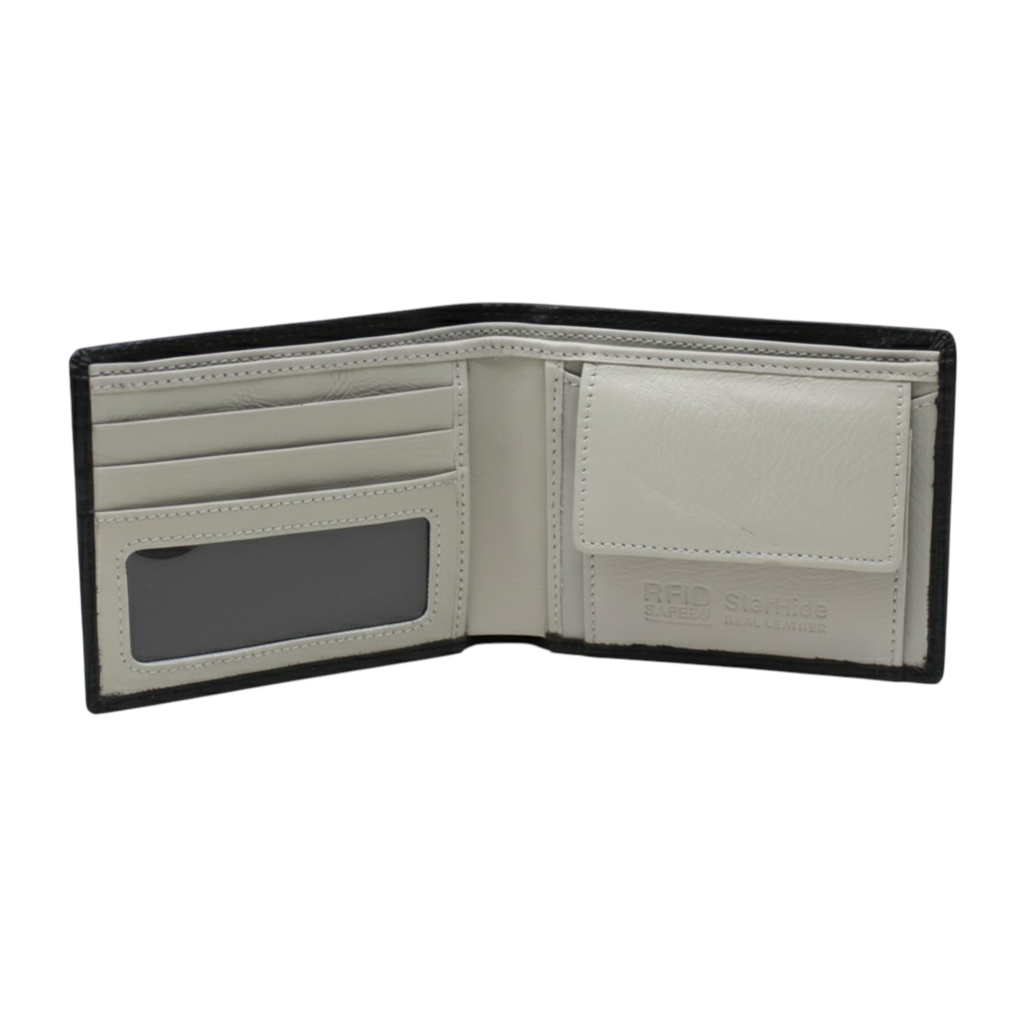 STARHIDE Mens RFID Blocking Leather Wallet – Classic Soft Real Leather Bifold with Coin Pocket, Multiple Card Slots & ID Window – Black Grey – Model 1050