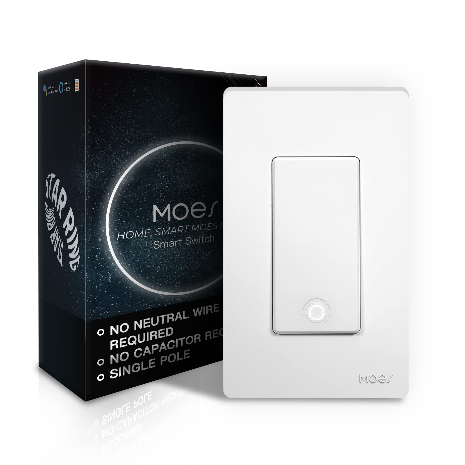 Photo 1 of MOES Smart Light Switch No Neutral Wire Required, No Capacitor, No Hub Required, Single Pole 2.4GHz Wi-Fi, Tuya Smart Life App Control Wall Switch, Work with Alexa Google Home, Min Load 5W, White