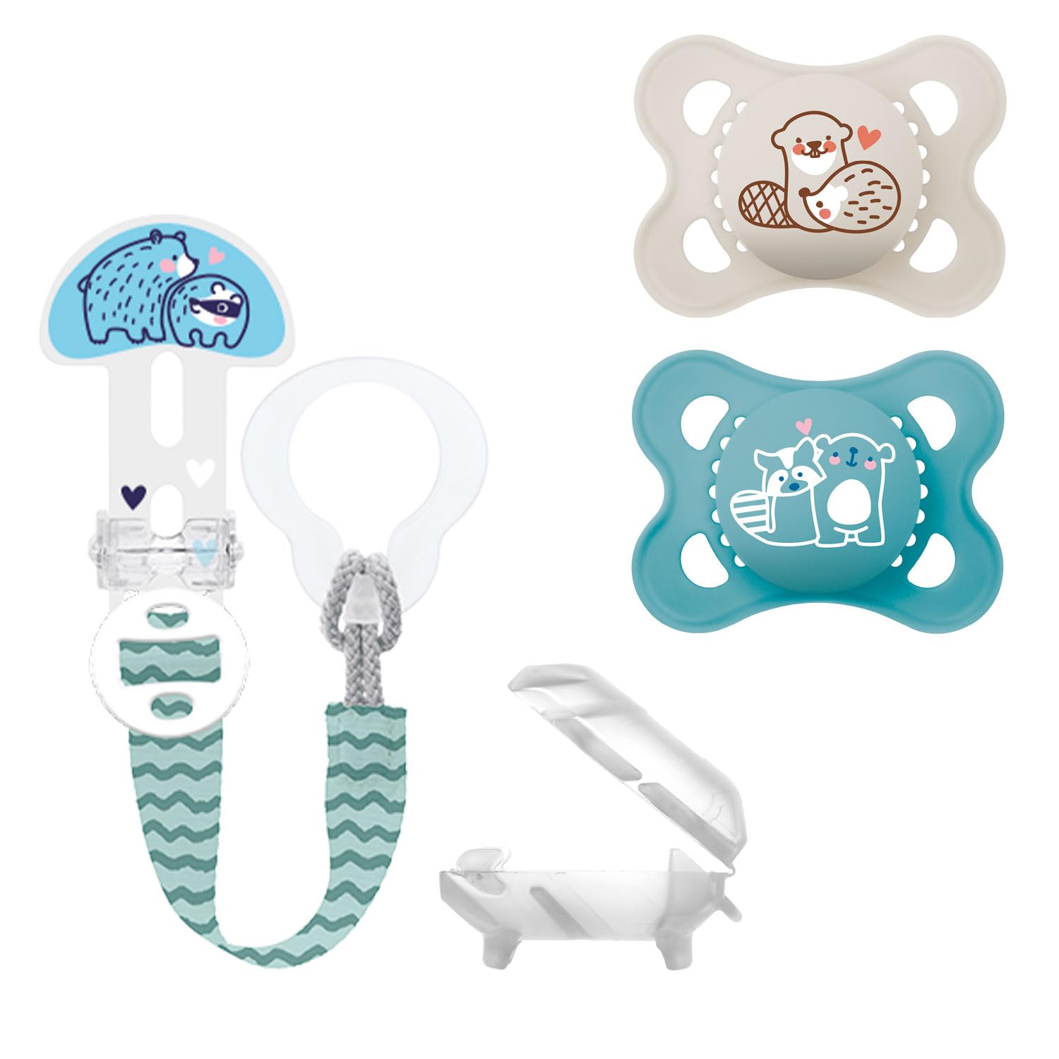 MAM SkinSoftTM Silikon Dummies 0-6 Months incl. sterilising and Transport Box & MAM Clip it! & Cover