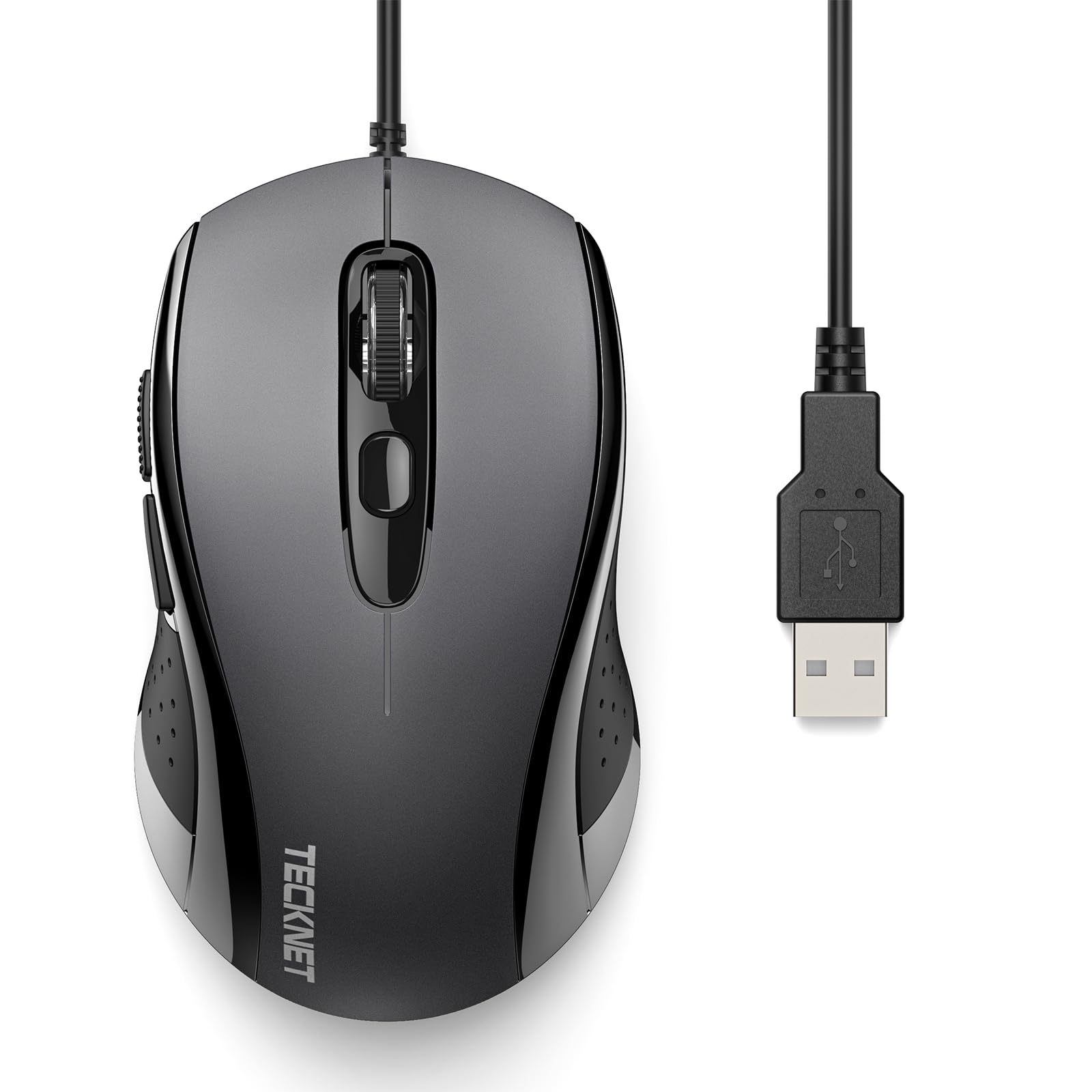 TECKNET Wired Optical USB Mouse - 3600 DPI Tracking, Gaming Grade Sensor, 6 Buttons, Business & Office PC/Laptop Mouse, Great for Graphic Design (Grey, Medium)