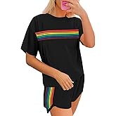 MYHALF Womens 2 Piece Short Sets Summer Outfits Rainbow Stripes Shirts 2025 Two Piece Lounge Set Matching Shorts