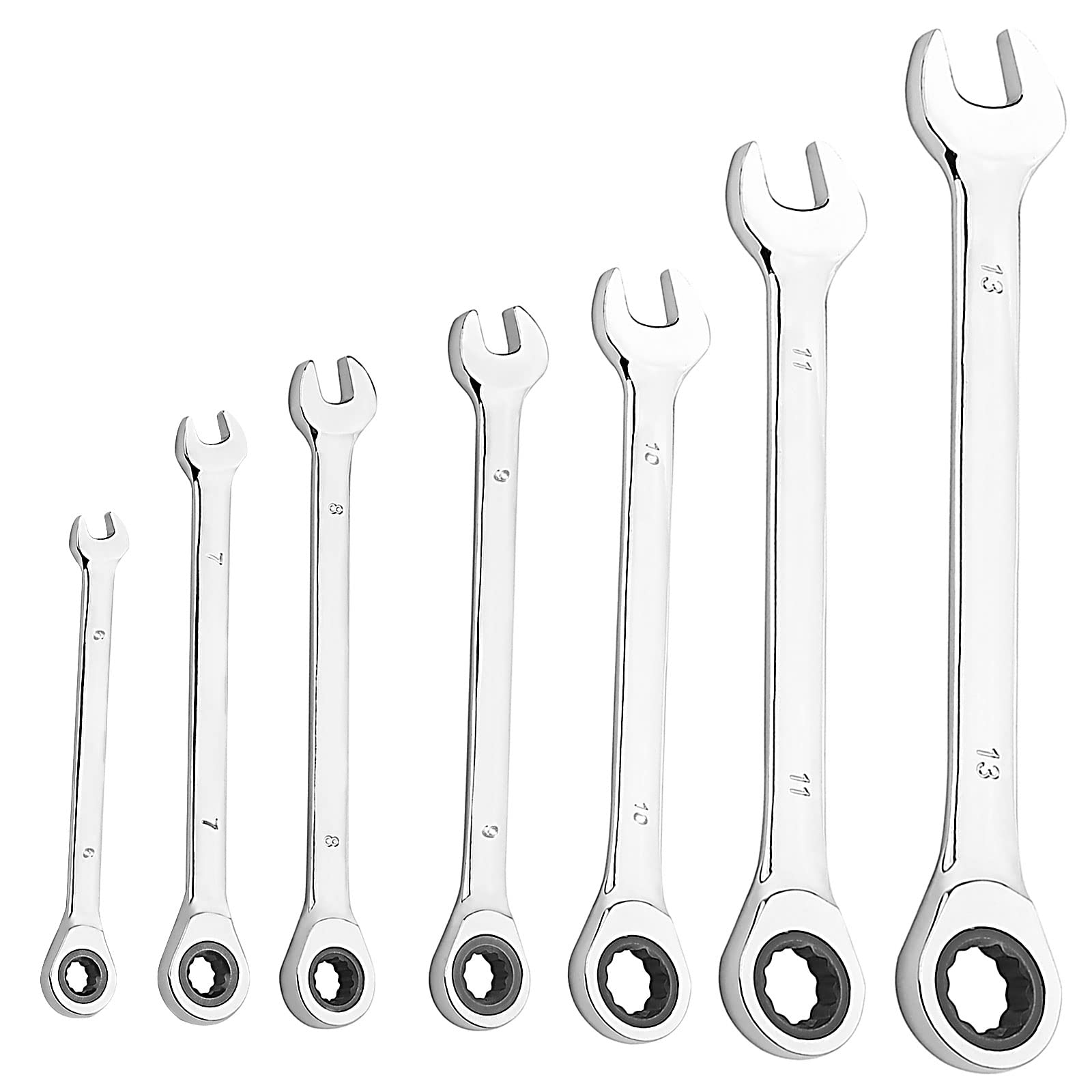 ZEONHEI 7 Pcs Ratchet Spanner Set, Combination Wrench, 6, 7, 8, 9, 10, 11, 13 mm Standard Metric Set, Polished Galvanized Surface, 72 Tooth Ratchet Gear for Home, Bike