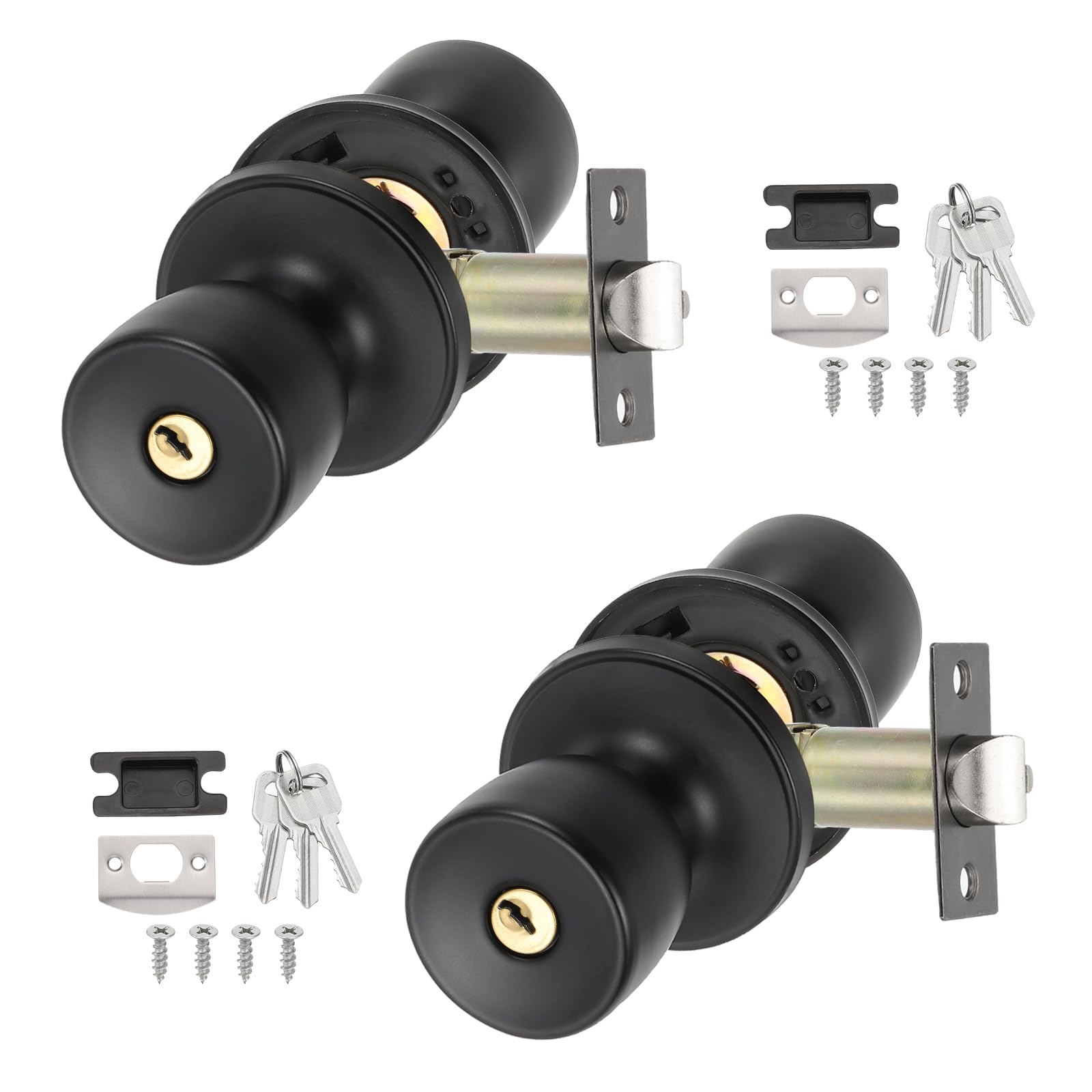 PATIKIL Key Entry Door Knobs Interior, 2 Pack Round Zinc Alloy Bedroom Bathroom Door Knob with Lock Entry Indoor Outdoor Door, Matt Black