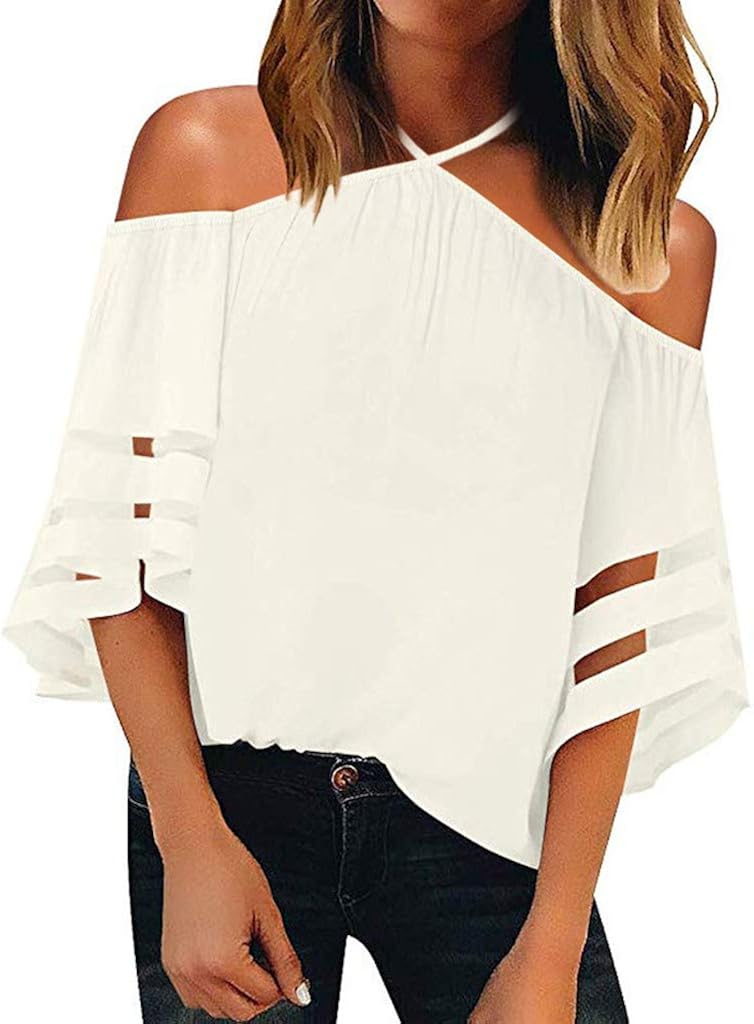 Women Off Shoulder Mesh Panel Blouse 3/4 Bell Sleeve Loose Top Shirt