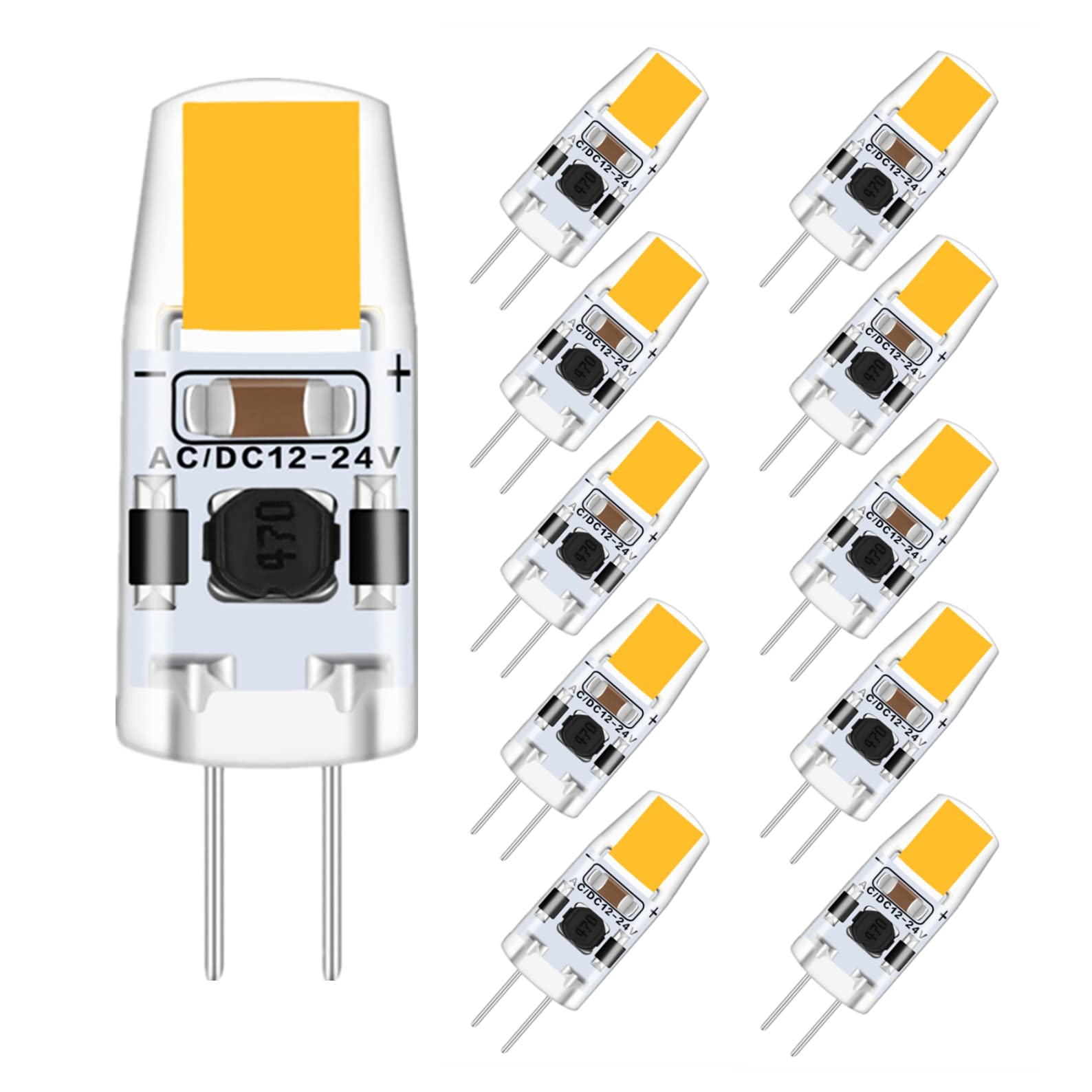 WYAANCCW G4 LED Lamps 12V Warmweiß 2W LED Lightbulbs,Replaces 20W Halogen Bulbs,12V-24V AC DC G4 led stiftsocked,3000K G 4 LED Bulbs,10er Pack
