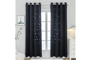 Anjee Kids Room Curtains with Laser Cutting Stars, 2-Panel Blackout Window Curtain Drapes for Light Blocking and Noise Reducing, W52 x L63 Inches Each Panel, Black