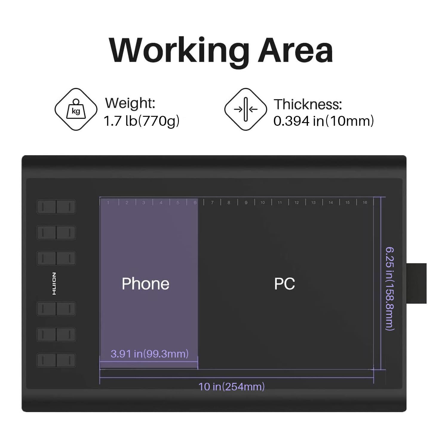 HUION Inspiroy H1060P Graphics Drawing Tablet with 8192 Pressure Sensitivity Battery-Free Stylus and 12 Customized Hot Keys, 10 x 6.25 inches Digital Art Tablet for Mac, Windows PC and Android