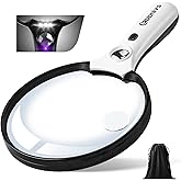 Large Magnifying Glass with Light, Magnifier Handheld Illuminated Lighted Magnifier with 3 LED Lights 1UV Light Storage Bag C