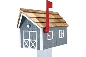 Peaceful Classics Amish Cedar Roof Wooden Mailbox with Window & Door Trim, Handcrafted Mailboxes for Outside, Post Mount Residential Mailboxes - (Gray & White, Wood)