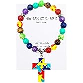 Autism Awareness 7 Chakra Gemstone Natural Stone Beaded Bracelet Love Heart Cross Ribbon Round Puzzle Elastic Cord Autistic Bracelet for Women Men Friend Yoga Meditation Jewelry Gift