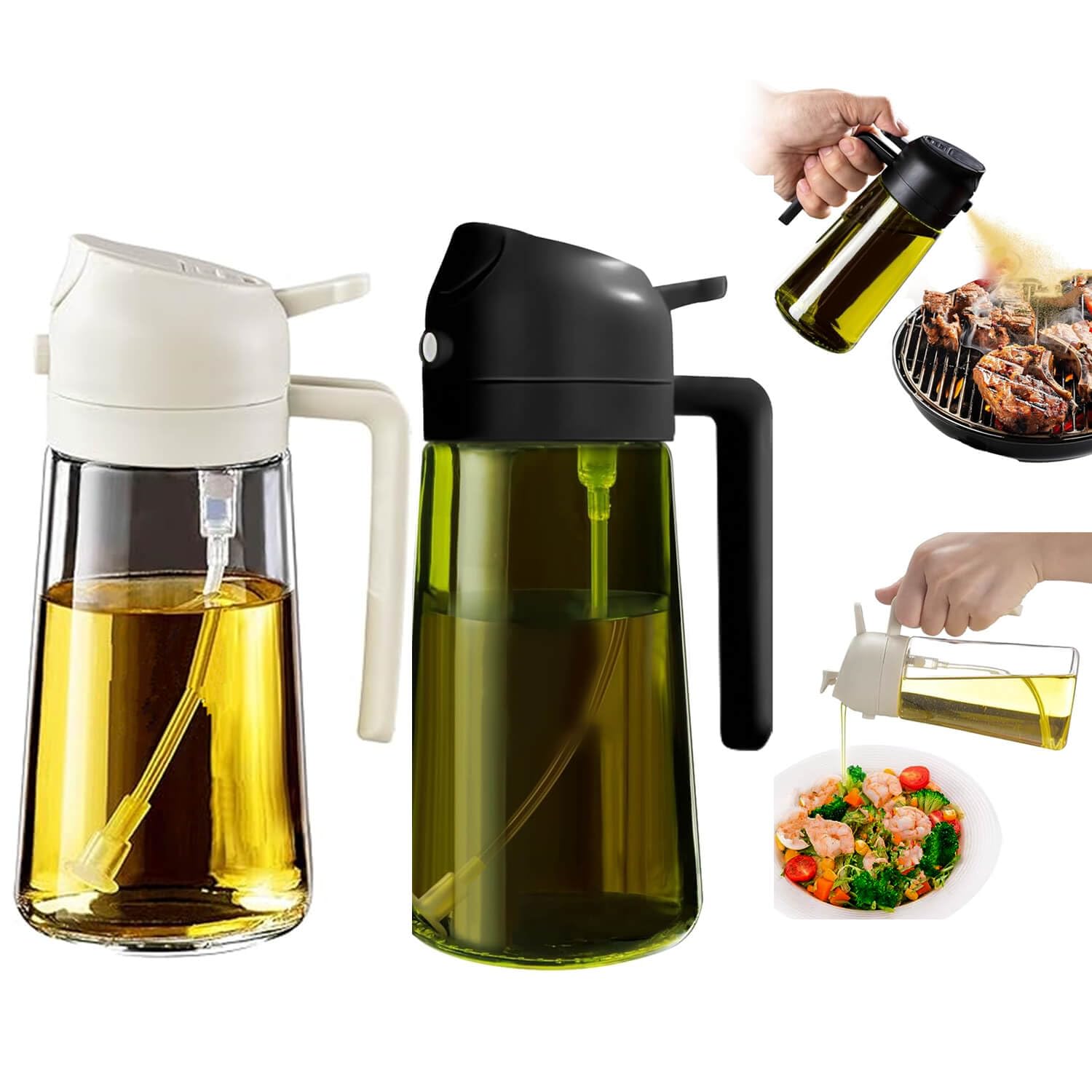 Photo 1 of **only one**Ufardy Olive Oil Sprayer for Cooking 2 in 1, 2-Pack Food-grade Glass Olive Oil Dispenser Bottle for Kitchen, 16oz/470ml Oil Container for Baking, Air Fryer, Salad, Frying, BBQ, Roasting (Black)