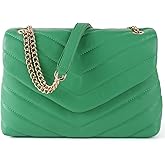 Quilted Crossbody Bag for Women, Soft Vegan Leather Chevron Purses, Trendy Shoulder Handbags with Gold Chain Strap (Green)