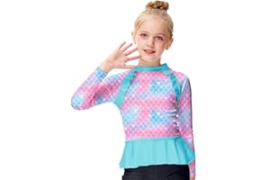 AOBUTE Girls Long Sleeve Rash Guard Shirt Floral Mermaid Swim Top 3-14 Years