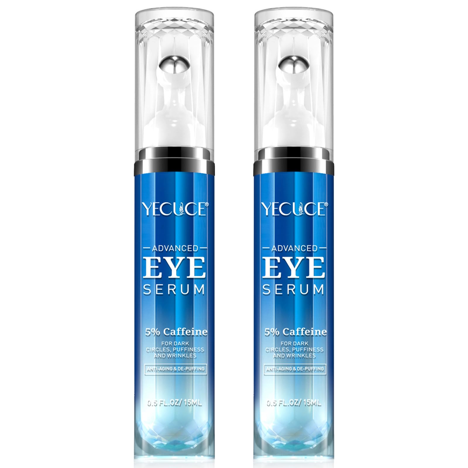 2 Packs Eye Serum for Dark Circles and Puffiness - 5% Caffeine Eye Cream Anti Aging, with Retinol Hyaluronic Acid Niacinamide, Under Eye Cream for Eye Bags Treatment with 360° Eye Roller Massage Ball