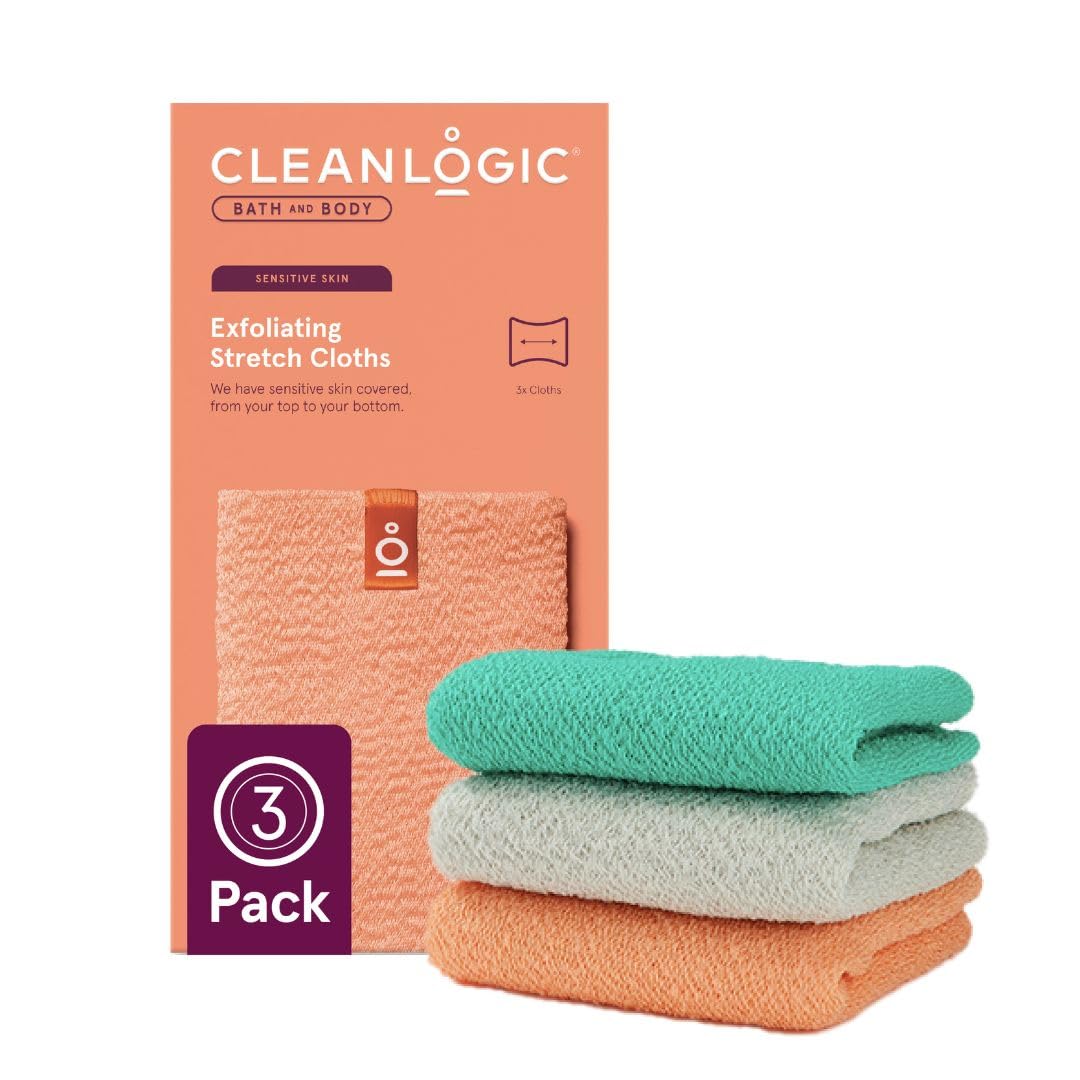 Cleanlogic Bath and Body Exfoliating Stretch Cloths, Reusable Body and Back Exfoliating Band to Remove Dry Skin Cells, Gentle Body Exfoliator to Keep Skin Smooth, For Sensitive Skin, Pack of 3