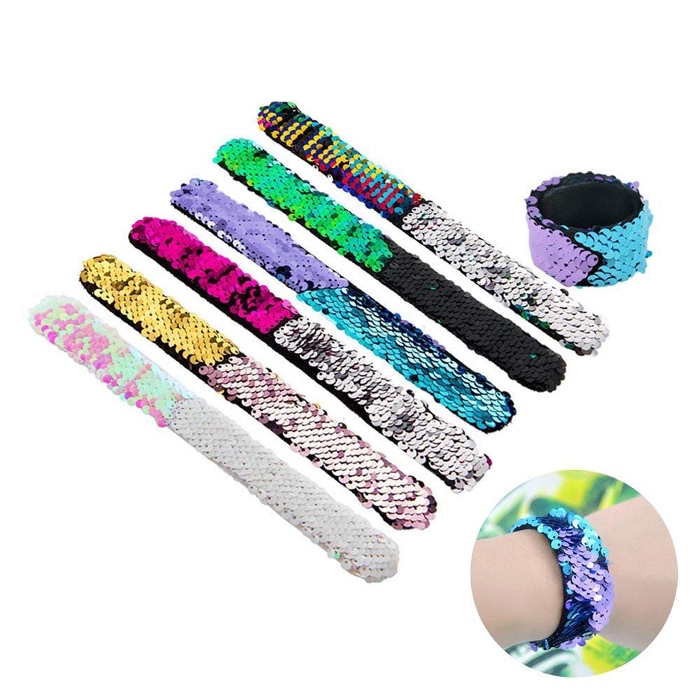 Magic Mermaid Slap Bracelet Two-color Reversible Shining Flip Sequins & Velvet Lining for Birthday Party Favors Christmas Gifts,Wristband Bracelet for Kids,Girls,Boys,Women (6 pack)