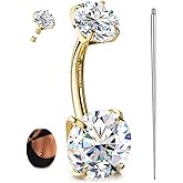 GEMQUEEN Moissanite & G23 TItanium Belly Button Ring 18K Gold Plated Hypoallergenic Internally Threaded Belly Rings 14G Navel Piercing Jewelry For Women Men D Color VVS1 Clarity Brilliant Cut