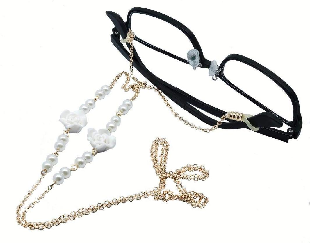 SisFrog Elegant White Rose Simulated Pearl Eyeglass Chain Holder Sunglasses Metal Chains Lanyard Necklace