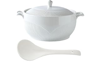 White Tureen with 2 Handles, Porcelain Soup Tureens with Lid and Spoon Serving Bowls for Kitchen Microwave,White,L