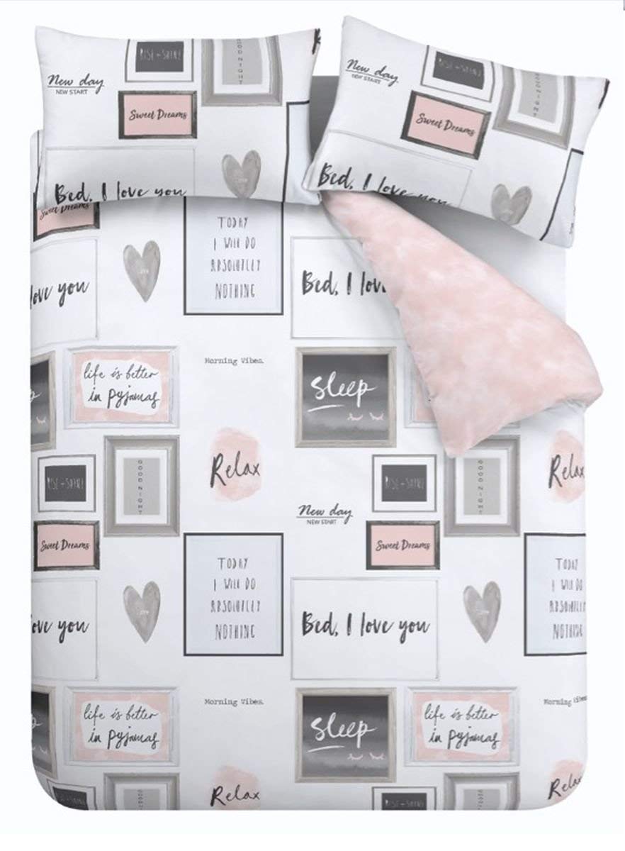 Catherine Lansfield Sleep Dreams Reversible King Duvet Cover Set with Pillowcase Blush Pink