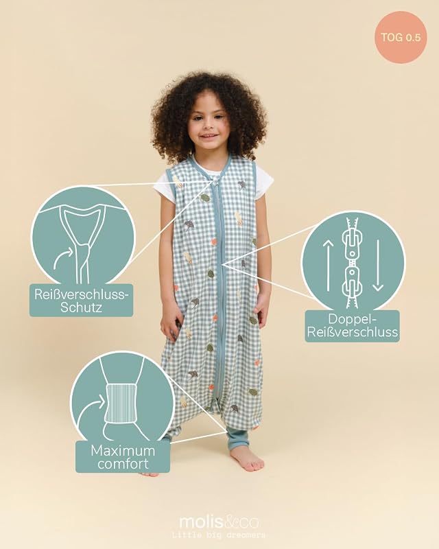 molis&co - Baby Schlafsack mit Füßen 0.5 TOG - Sommerschlafsack für Jungen - Kinder Babyschlafsack mit Beinen - 100% Baumwolle (Oeko-TEX 100), Premium Qualität - Summer Sea (60 cm)