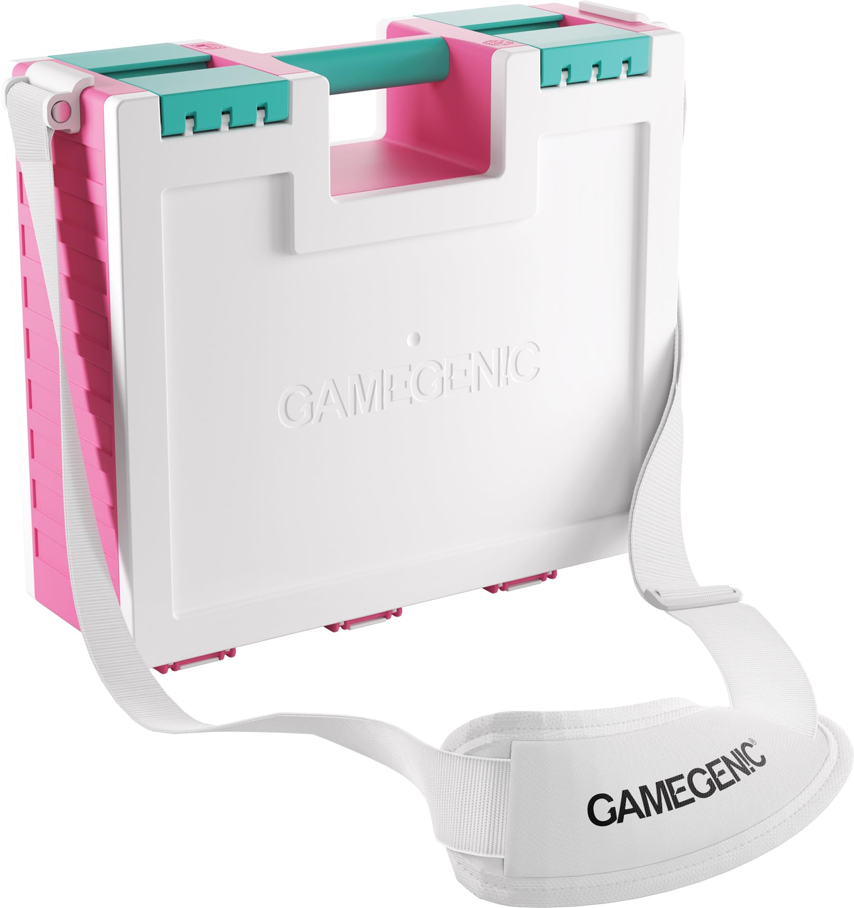 Photo 1 of Gamegenic Game Castle - All-in-One Double-Sided Storage Case for Cards and Gaming Accessories, 19 Removable Trays in 5 Sizes, Ideal for Cards, Tokens, Dice and Tools, Pink/White/Teal Color, Made