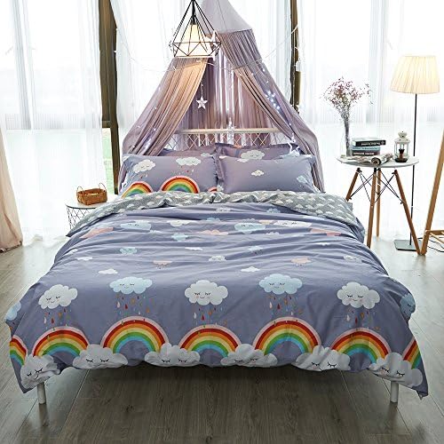 FenDie Bedding Collections Queen Teens Cover with Rainbow Clouds Printed Cotton Violet Duvet Cover Set Reversible for Girls with 2 Pillow Covers