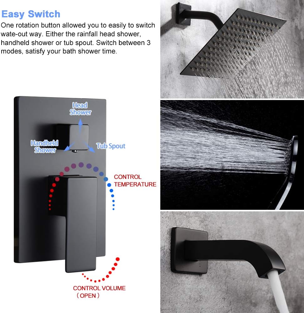 POP Bathtub Shower Faucet Set Matte Black Shower System with Tub Spout 8 Inch Wall Mounted Bathroom Rainfall Shower Head Set with Handheld Shower Combo Set (Contain Rough-in Valve Body and Trim) - - 