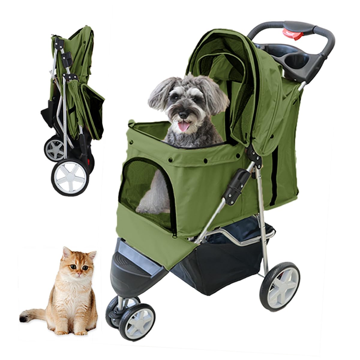 WEIMALL ペットカート 折り畳み 3輪 360度回転 小回りスムーズ 超小型犬 小型犬 中型犬 猫 バスケット ペットバギー 猫 ドッグカート ペット用 通院 散歩 （オリーブ） PT0016OL商品画像