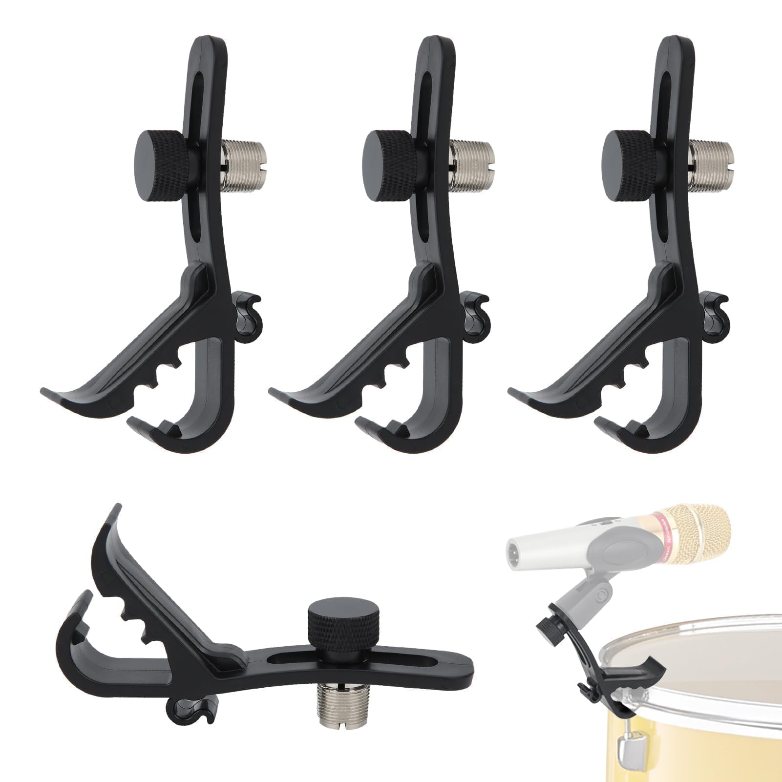 4Pcs Drum Microphone Clips, 11.6x2.3x4.6cm/4.6x0.9x1.8in Adjustable Microphone Drum Mount, Shockproof DrumRim Mic Clip DrumMic Clamps Microphones Securing Clip Musical Instrument Supplies