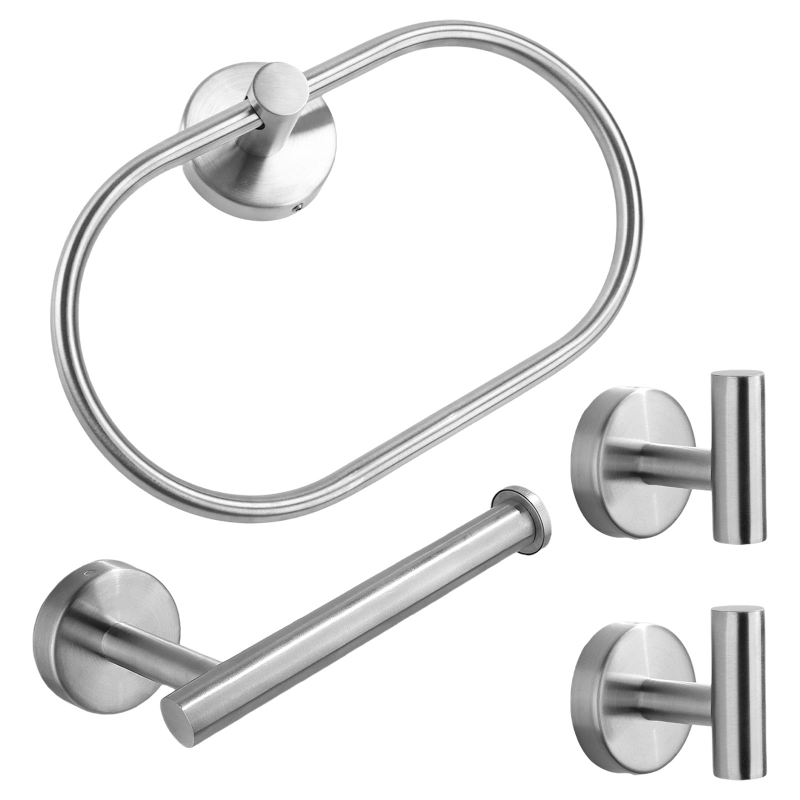 4 PCS Bathroom Hardware Set - Brushed SUS304 Wall Mounted 1x Hand Towel Ring, 1x Toilet Paper Holder,2x Towel Hooks 012-0410