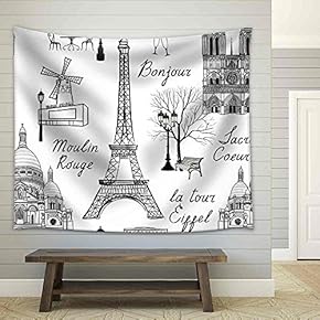 Travel Paris Seamless Pattern. Vacation in Europe - Fabric Wall Tapestry Home Decor - 51x60 inches