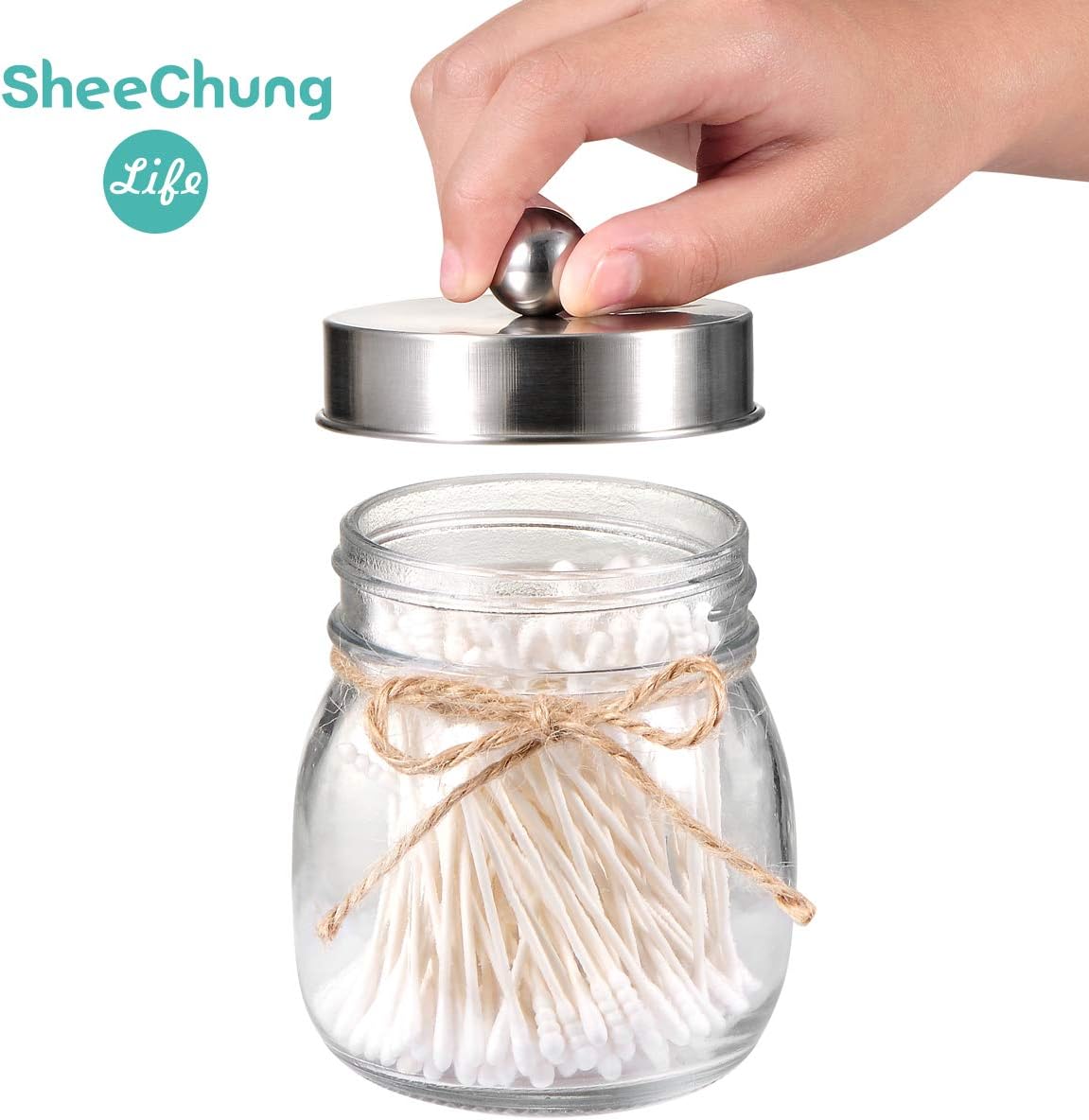 Farmhouse Decor Apothecary Jars Bathroom Accessories Qtip Holder Dispenser Glass For Qtips Cotton Swabs Rounds Flossers Hair Band 2 Pack Mason Jar Bathroom Vanity Organizer Brushed Nickel Bathroom Canisters