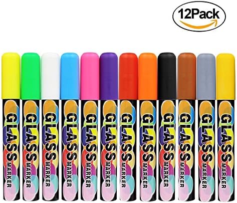 Liquid Chalk Marker 12 Pack with Gold and Silver Glass Markers 6mm Colorful Erasable Glass Window Pens Easy Clean Non-Toxic Use for Metal,Led Boards,Plastic,Glass