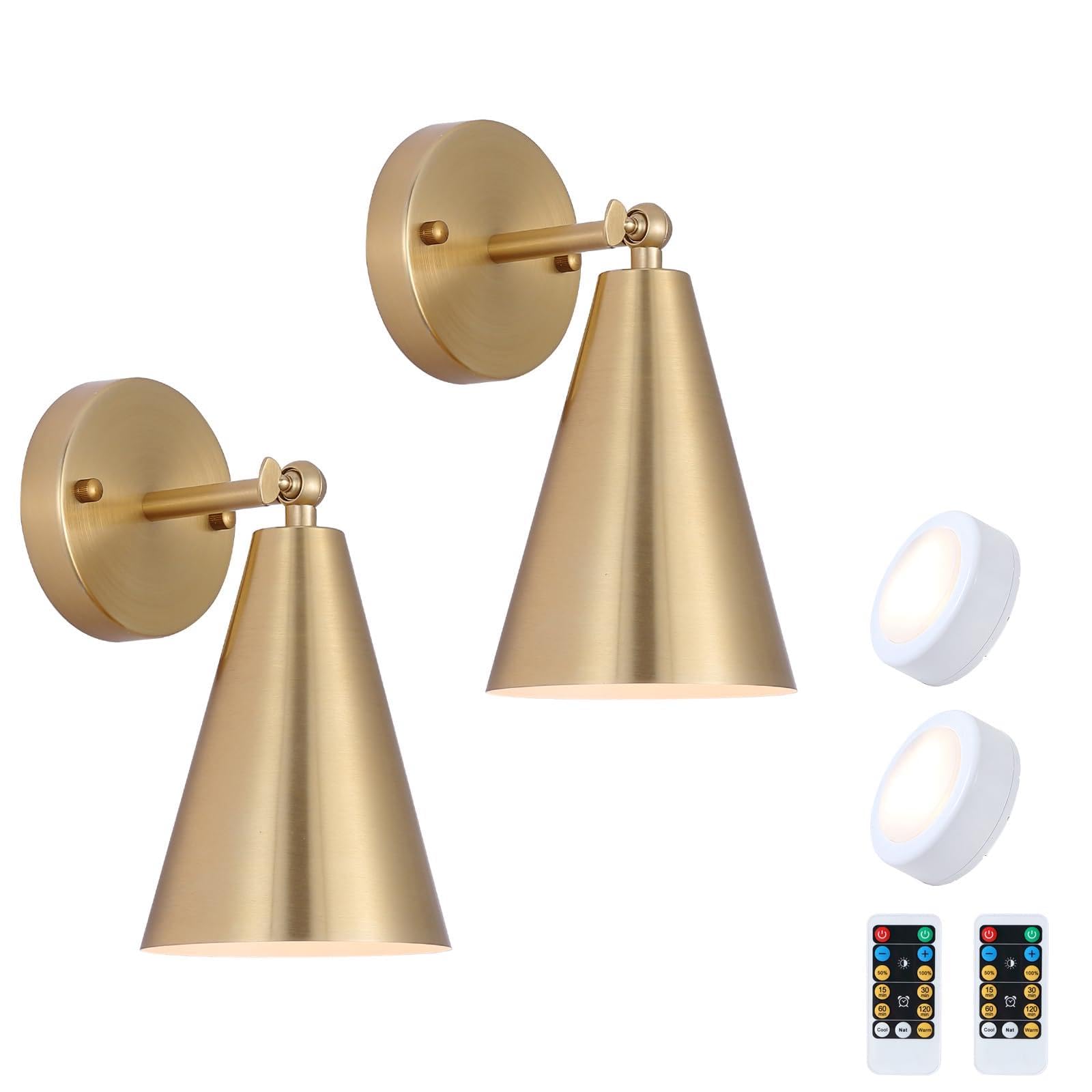 Photo 1 of MWZ Gold Battery Operated Wall Sconces Set of Two,Wireless Indoor Lighting with Remote Control, Modern Dimmable 2 Color Temperatures Adjustable Angle Wall Mount Lamp with Brass Metal Shade