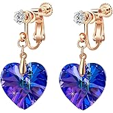 Austrian Crystal Heart Drop Clip On Dangle Earrings for Women Non Pierced 14K Rose Gold Plated Hypoallergenic Jewelry