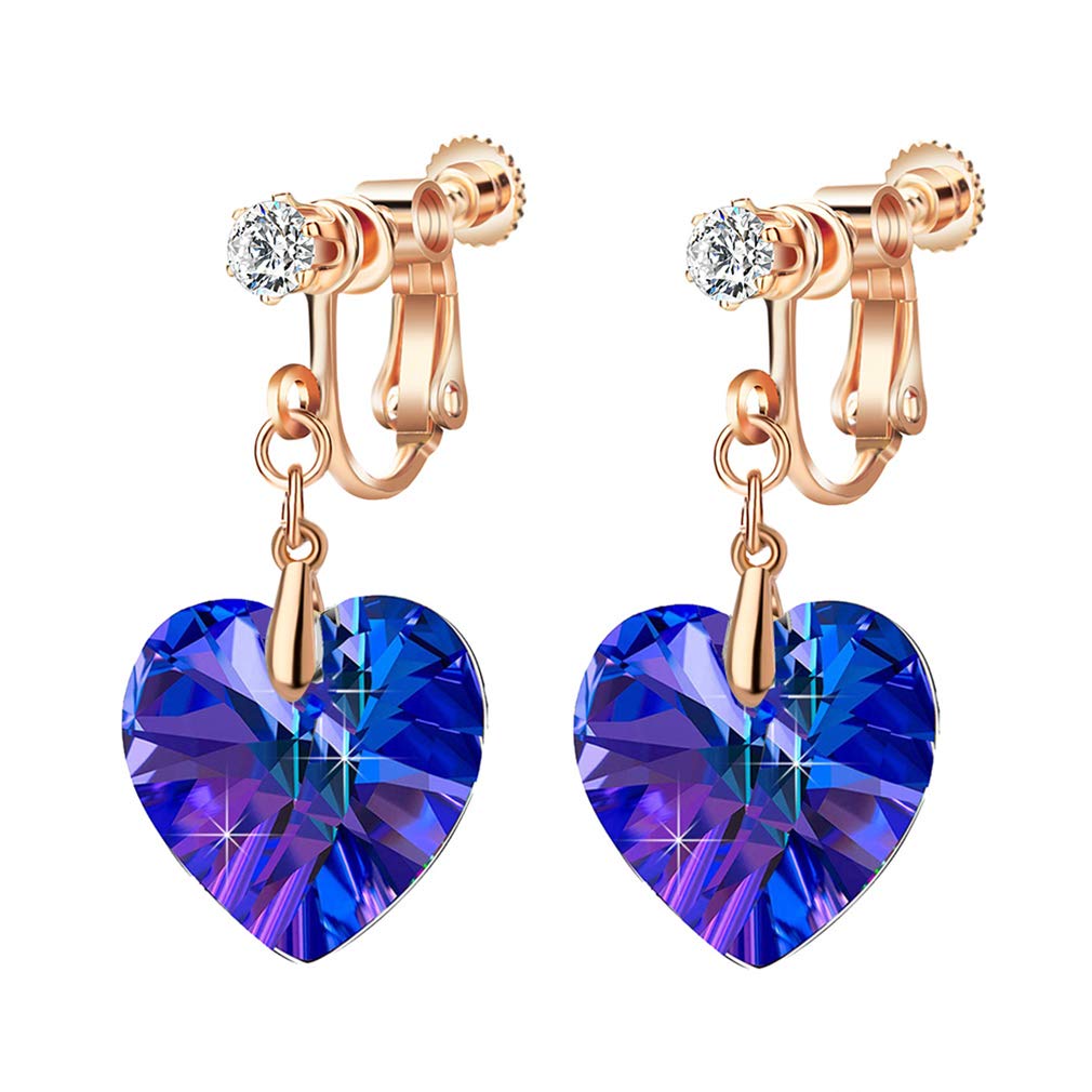 Austrian Crystal Heart Drop Clip On Dangle Earrings for Women Non Pierced 14K Rose Gold Plated Hypoallergenic Jewelry, Rose Gold, crystal