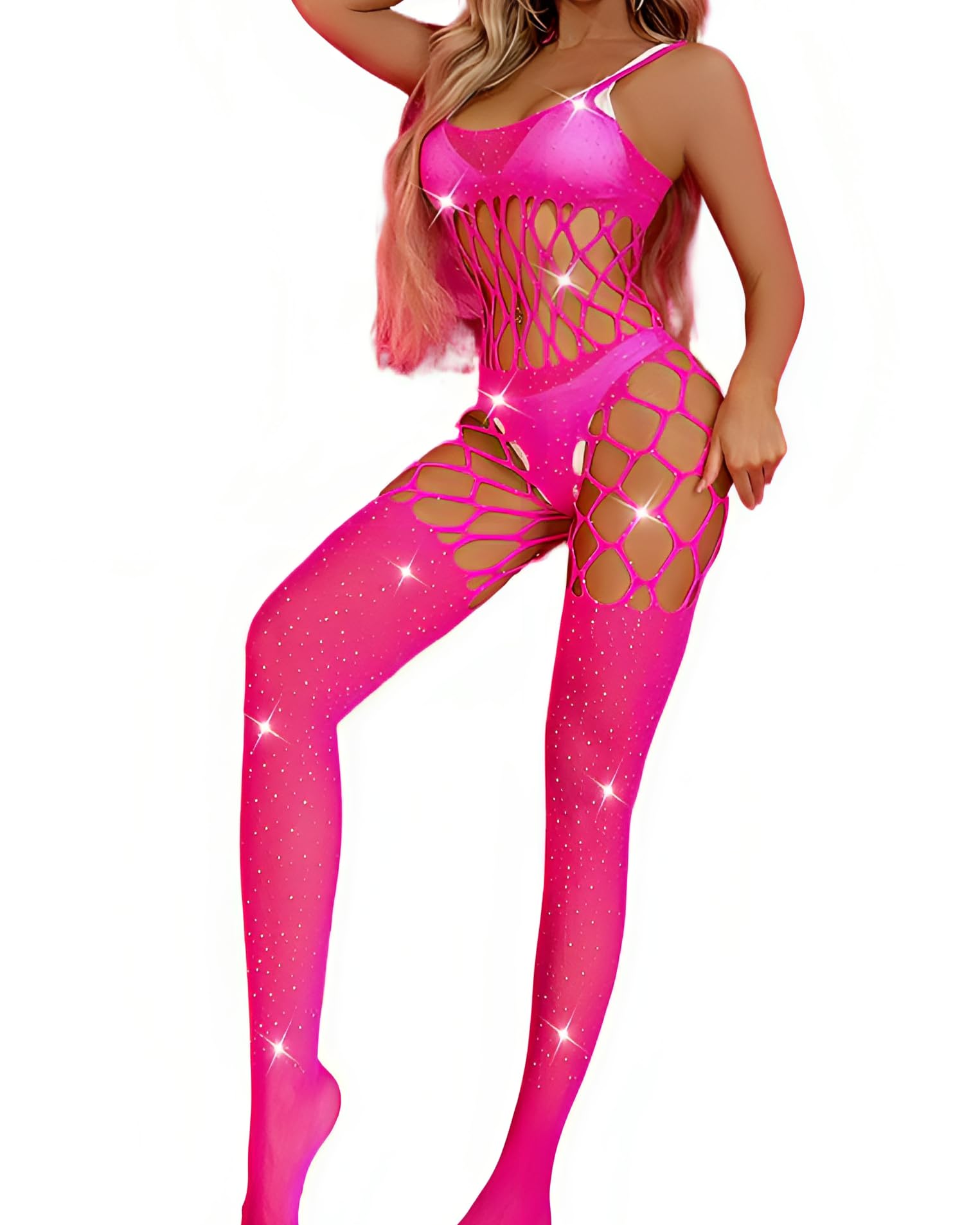 Women Fishnet Sparkle Rhinestone Bodysuit Lingerie Mesh Bodystocking Chemise Nightwear Teddy Lingerie