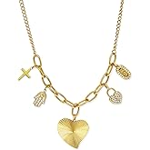 Jellecutte Gold Charm Necklace for Women Paperclip Chunky Heart Cross Tag Pave Lock Hamsa Pendant Necklaces Statement Gold Plated Choker Jewelry Gift