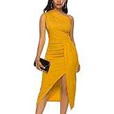 Nature Comfy Womens Elegant one Shoulder Sleeveless Ruched High Slit Solid Color Cocktail Party Dresses