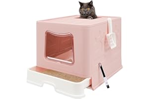 FOPHOP Foldable XL Cat Litter Box with Lid, Jumbo Enclosed Cat Potty, Top Entry Anti-Splashing Cat Toilet, Easy to Clean Including Cat Litter Scoop and 2-1 Cleaning Brush (Pink) Extra Large