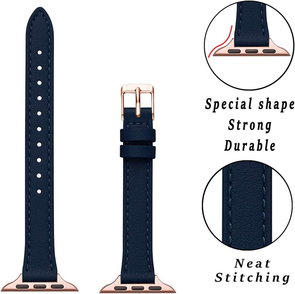SUNFWR Compatible with Apple Watch Strap 42mm 44mm 45mm,Genuine Leather Strap Replacement,Slim&Thin Wristband for iwatch Series 7/6/5/4/3/2/1,SE(42mm 44mm 45mm,Dark blue&Rosegold) - Image 3